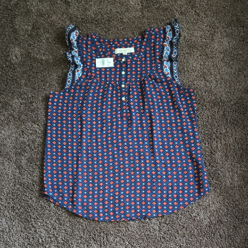 NEW Ann Taylor Loft Poppy Red Blue Flower Ruffle Sleeveless Top M